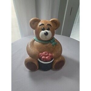 Vintage GKAO Ceramic Cottagecore Cookie Jar Teddy Bear Apple Basket 80s 90s